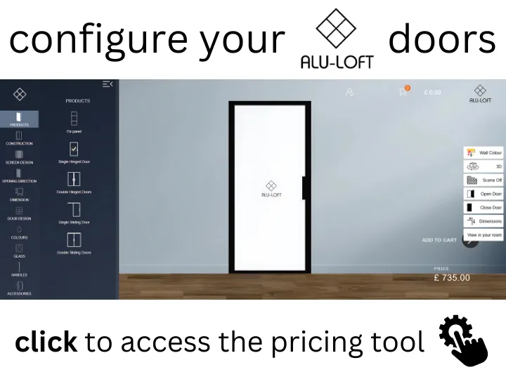 Alu-Loft online pricing tool showing a configured door and live price