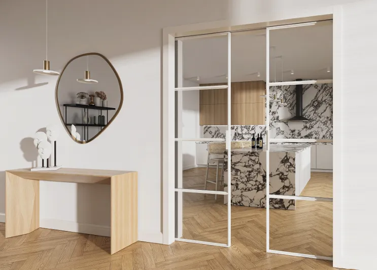 Custom-designed aluminium screen by a kitchen