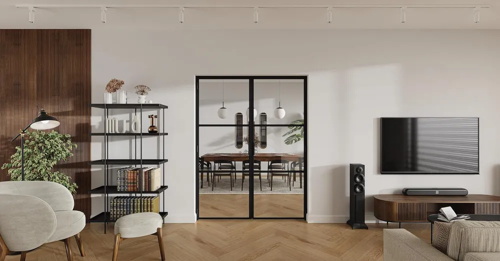 Double French aluminium doors in a living room